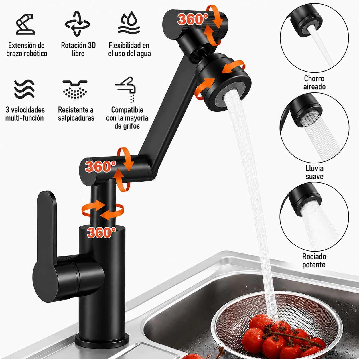 Grifo giratorio multifuncional 1080° para cocina y lavabo