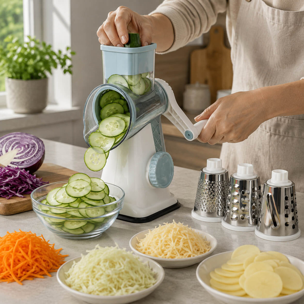 3-in-1 Rotary Grater – Multi-Purpose Cheese &amp; Vegetable Slicer