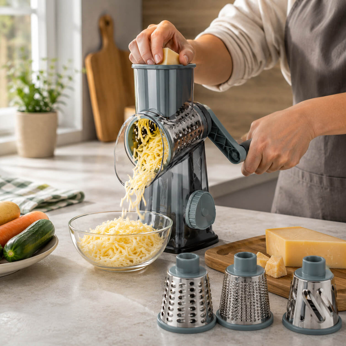 3-in-1 Rotary Grater – Multi-Purpose Cheese &amp; Vegetable Slicer