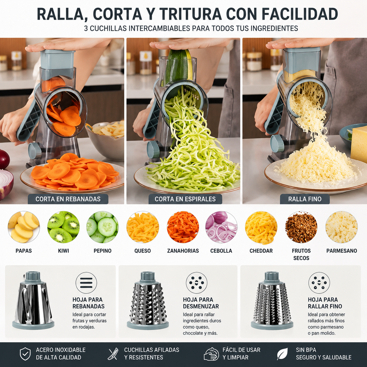 3-in-1 Rotary Grater – Multi-Purpose Cheese &amp; Vegetable Slicer