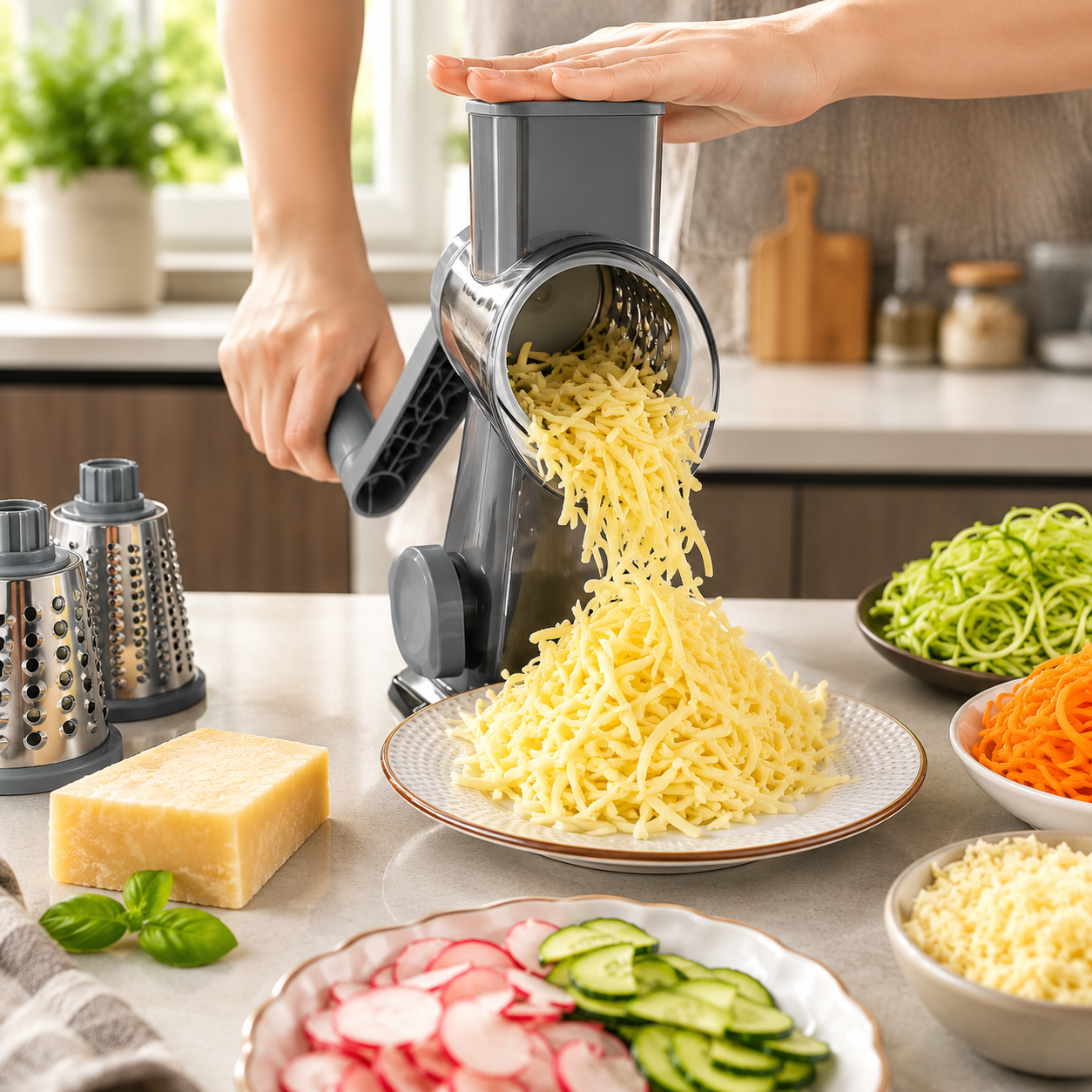 3-in-1 Rotary Grater – Multi-Purpose Cheese &amp; Vegetable Slicer